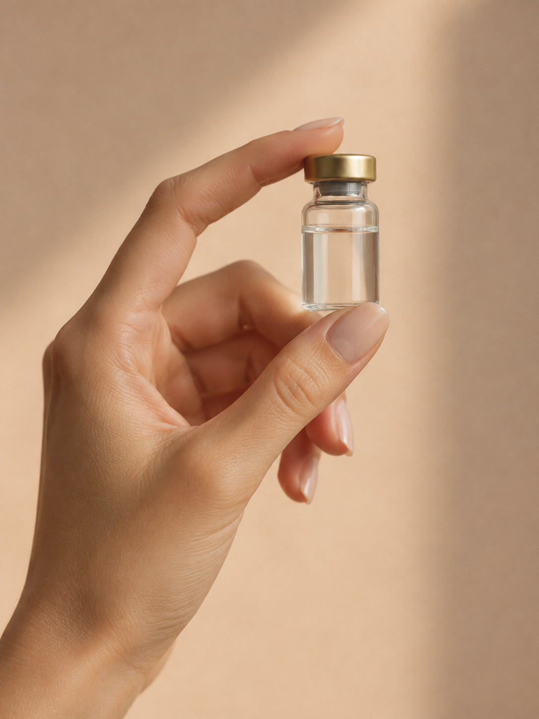 Hand holding a small glass vial against a peach backdrop