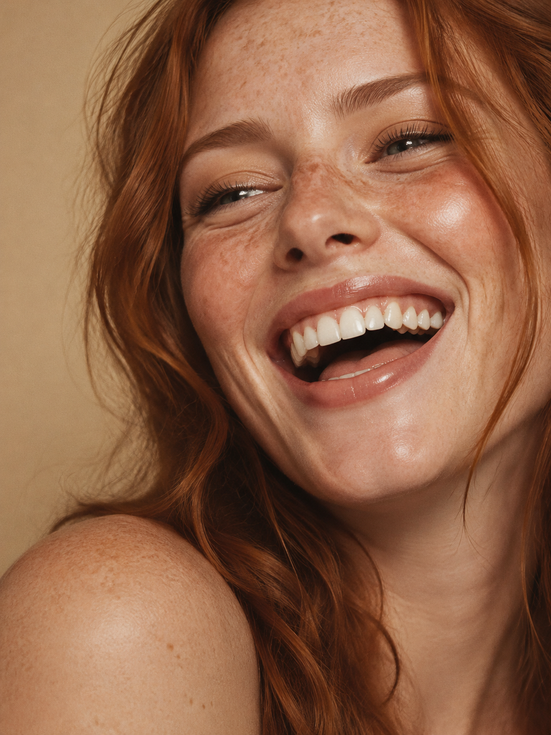 Laughing woman with freckles in close-up